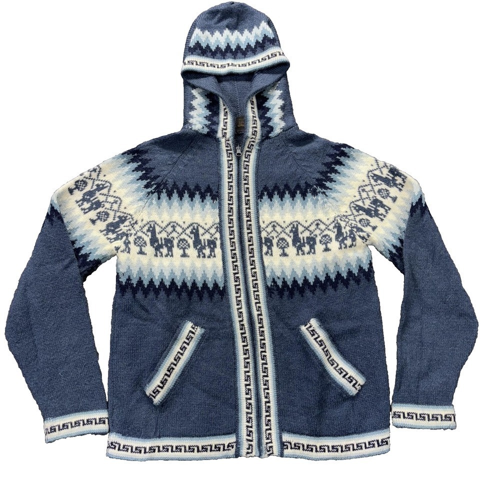 Gold Quality Sweater Womens Small Blue Alpaca Hooded Full Zip Llama Fair Isle